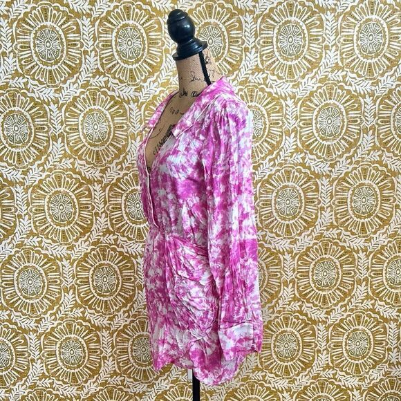 For Love & Lemons Devon V-Neck Long Sleeve Mini Shirt Dress in Pink size L - Picture 11 of 14